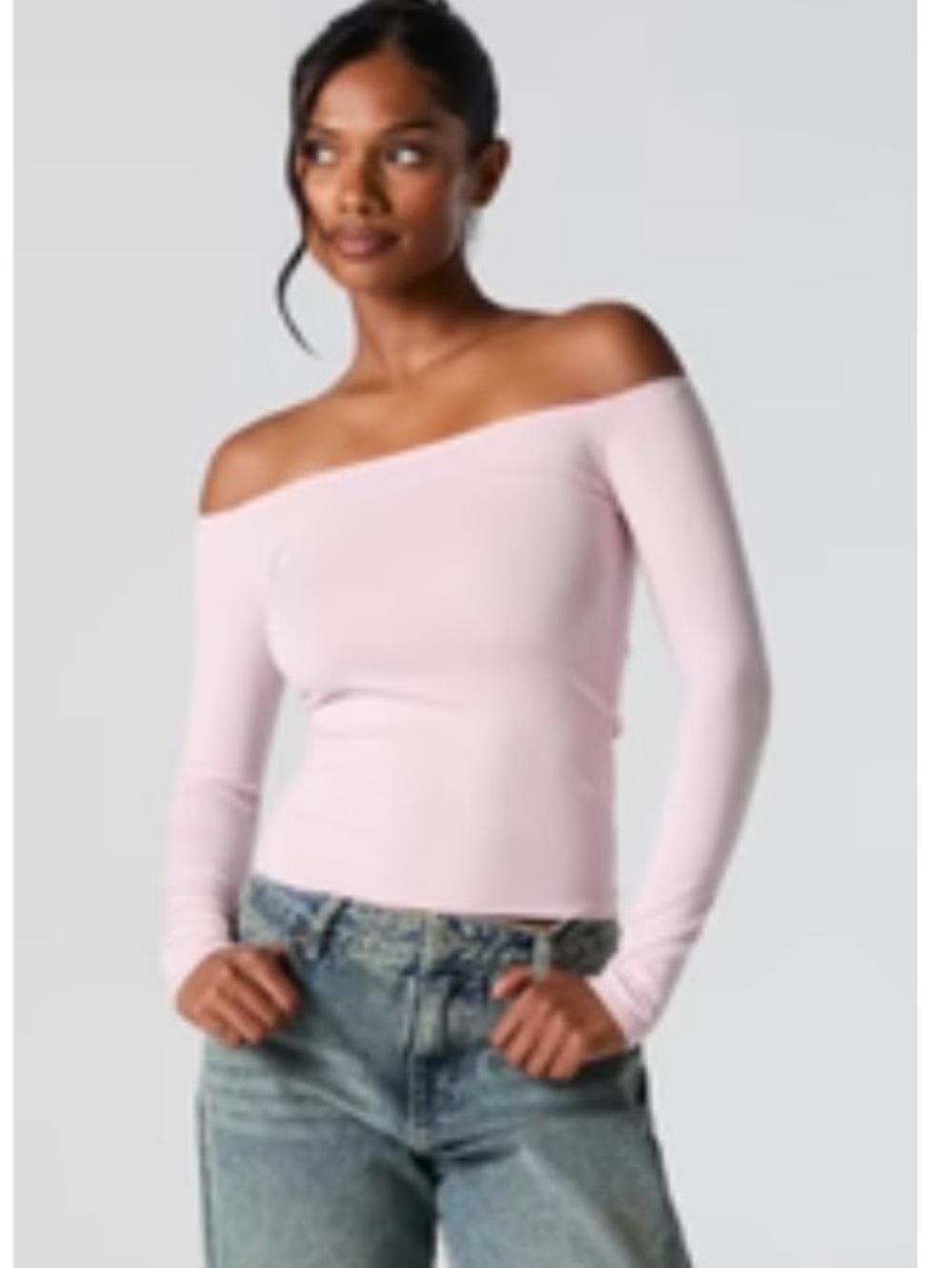2 Urban Planet Pink large and Oatmeal medium Off-Shoulder Long Sleeve Top.